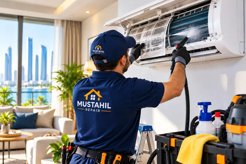 Technician providing AC repair and maintenance service in Abu Dhabi